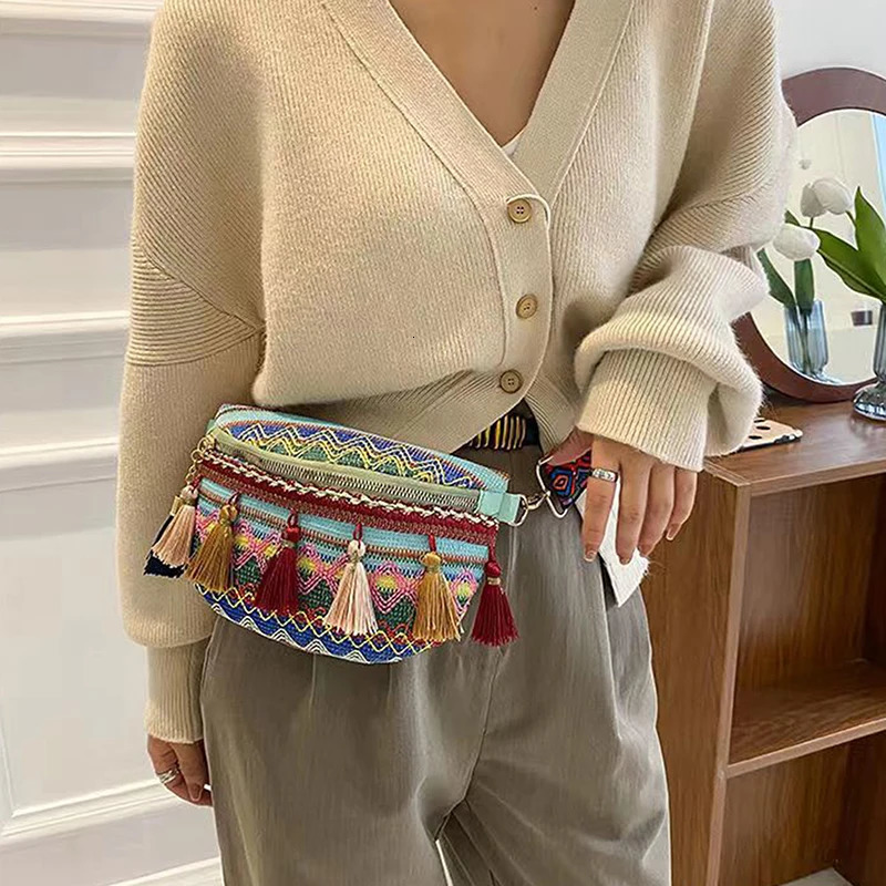 Women Folk Style Waist Bags with Adjustable Strap Variegated Color Fanny Pack Fringe Decor Crossbody Chest 250219