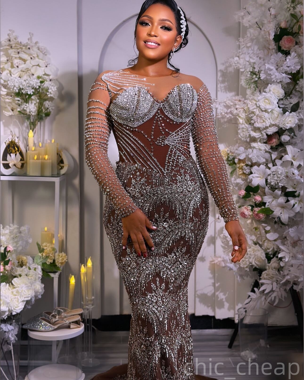 Brown Illusion Mermaid Prom Dresses 2025 Crystals Sheer Neck Sequined Evening Formal Party Second Birthday Engagement Gowns Plus Size Dress For Specia