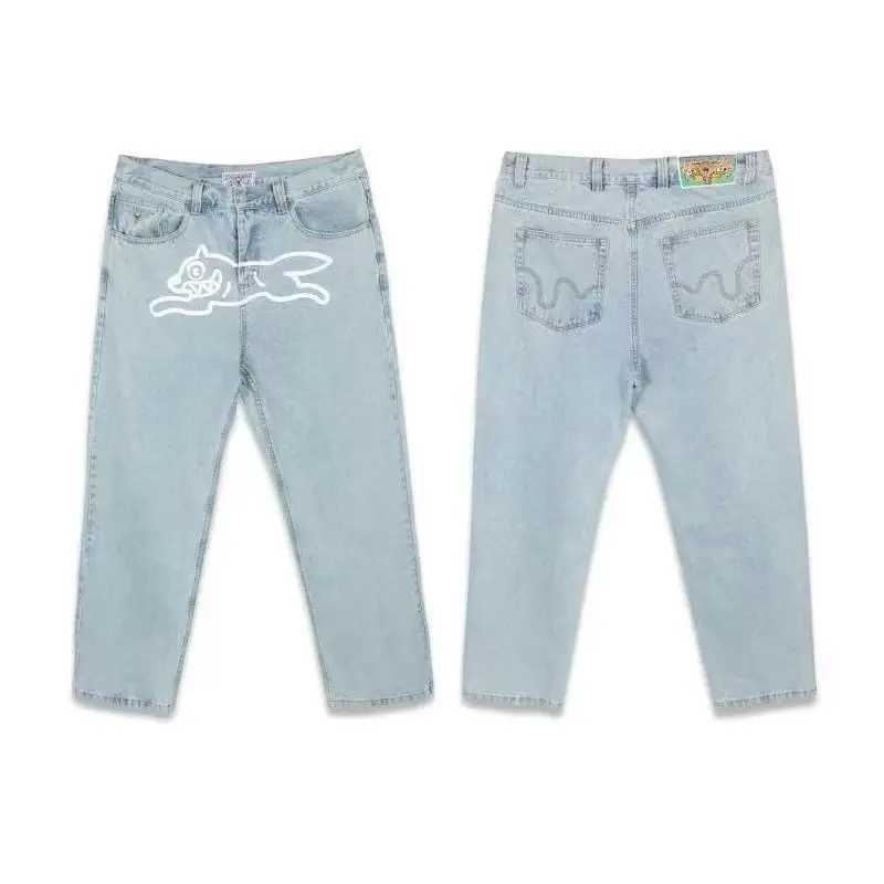 American retro high street ins flying dog loose version wide leg jeans beautiful trendy street washed denim trousers for men X250220