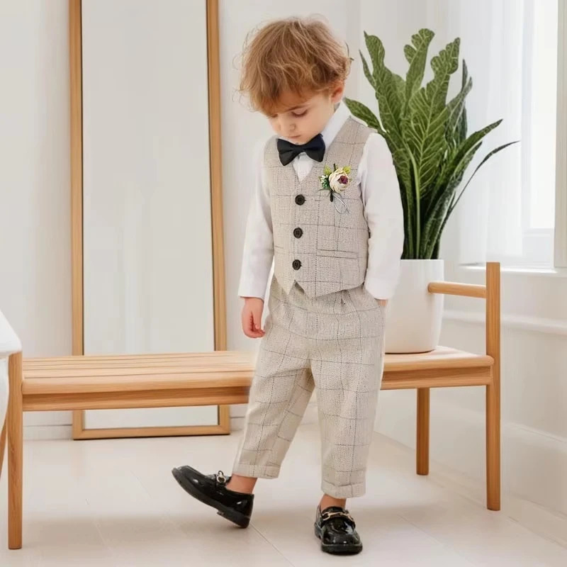 Boys Suit for Weddings Autumn Gentleman Plaid Birthday Blazer Set 2 To 12 Y Kids School Uniform Host Chorus Performance Costumes 250219