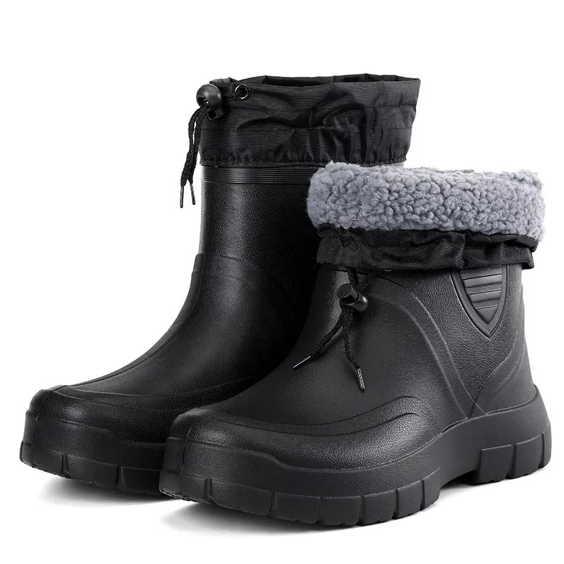 Winter Windproof Cotton Rain Boots Men Warm Light Ankle Rainboots Fashion Black Slip on Shoes Waterproof Work Boot 250219