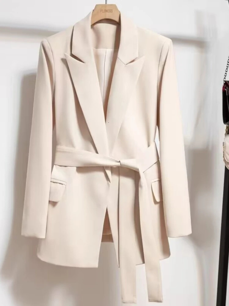 Womens Blazers Spring Autumn Suit Coat Beige Tie Up Jacket Slim Fit Stylish Top Outerwear Office Lady Blazer for Women Clothing 250213