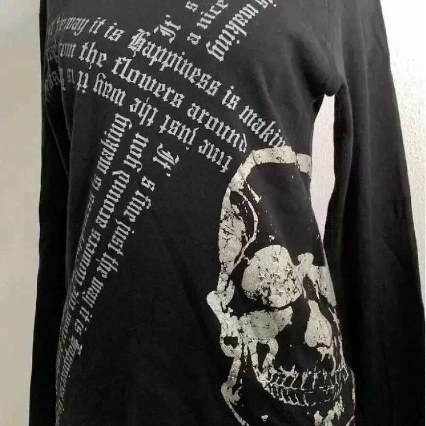 Y2K Emo women's Korean streetwear long sleeved Acubi Fairycore T-shirt skull print T-shirt gothic punk oversized top 2000s Alt clothing