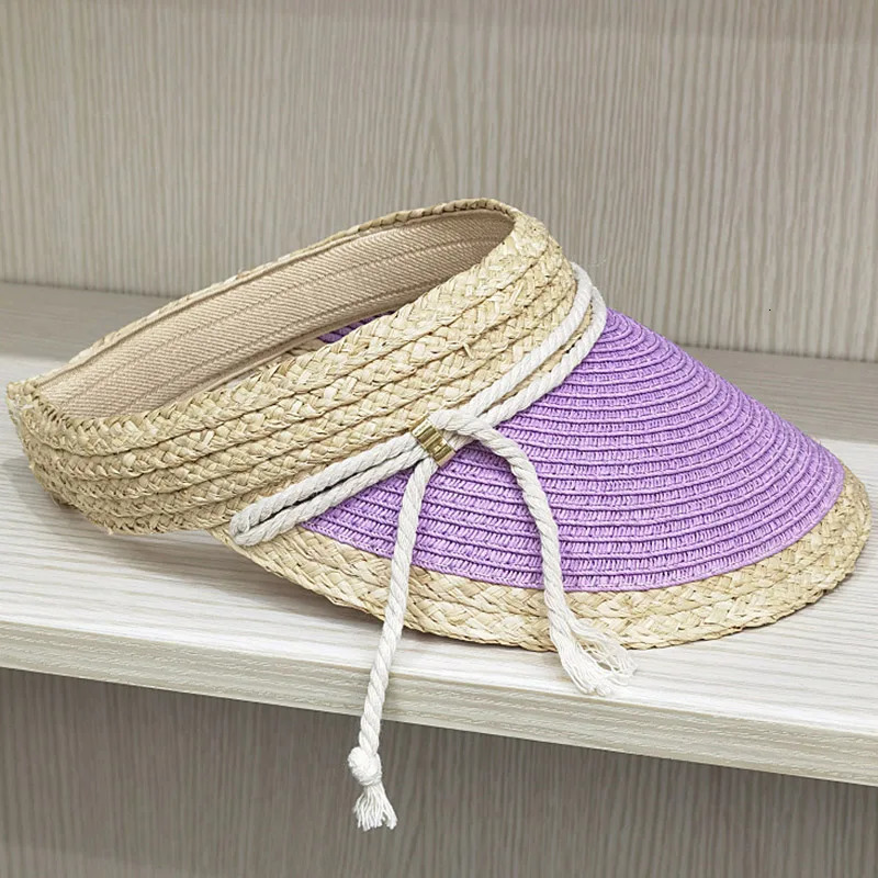 6 Color Straw Visor Hat Cord Band Sun Cap Sunshiny Holiday Beach Cap Women Girl Two Tones Patchwork Summer Cap Free Size 250219
