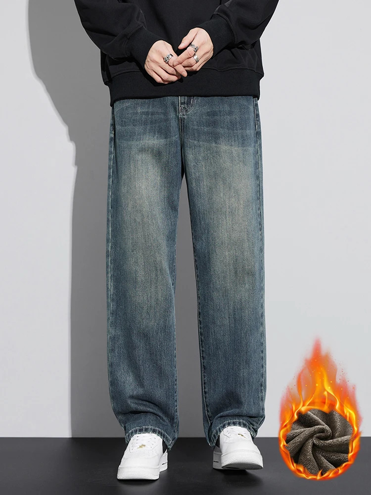 Fleece Baggy Straight Jeans Men Winter Classic Vintage Blue Wide Leg Denim Pants Fashion Korean Thickened Warm Male Trousers 250219