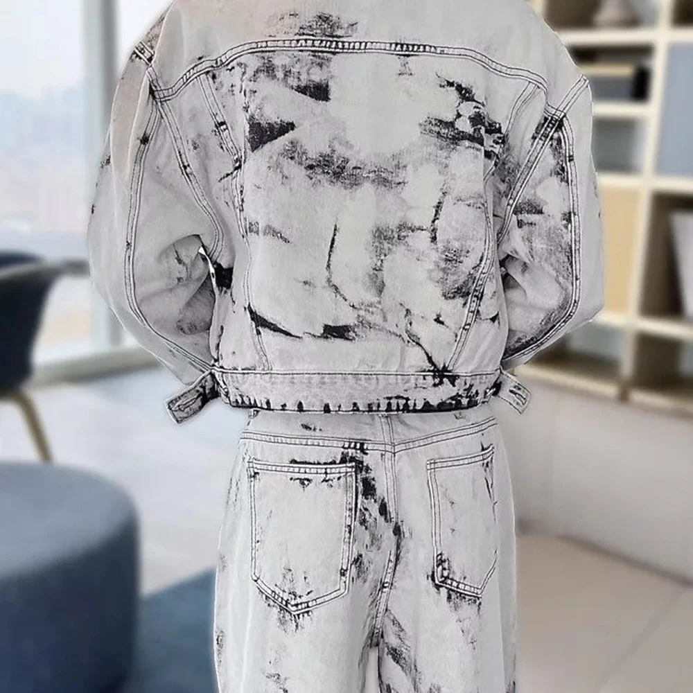 Mens Denim Y2k Tie-Dye Jacket Trousers Spring Streetwear Fashion Trends Youth Campus Performance Sets MenS Clothing 250220
