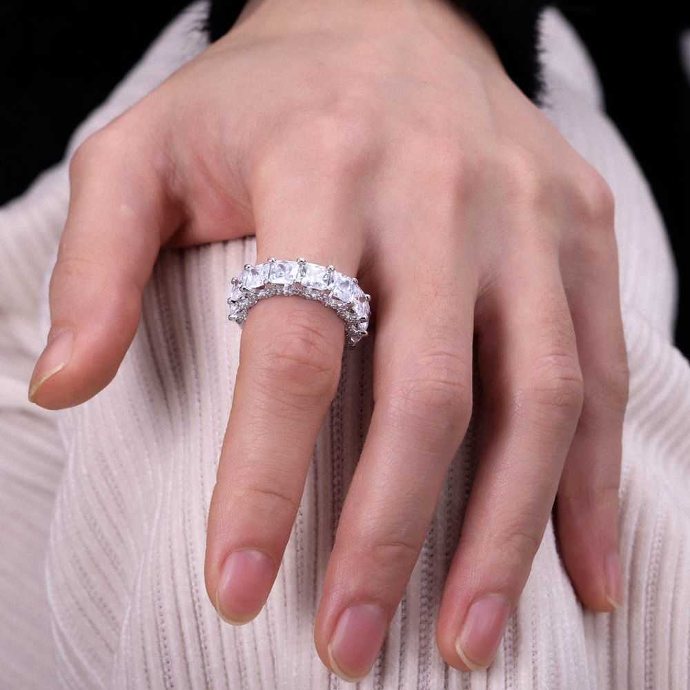 Hot 925 Sterling Silver Eternity Crown Molding Princess Cut Moissanite Gemstone Band Ring for Engagement