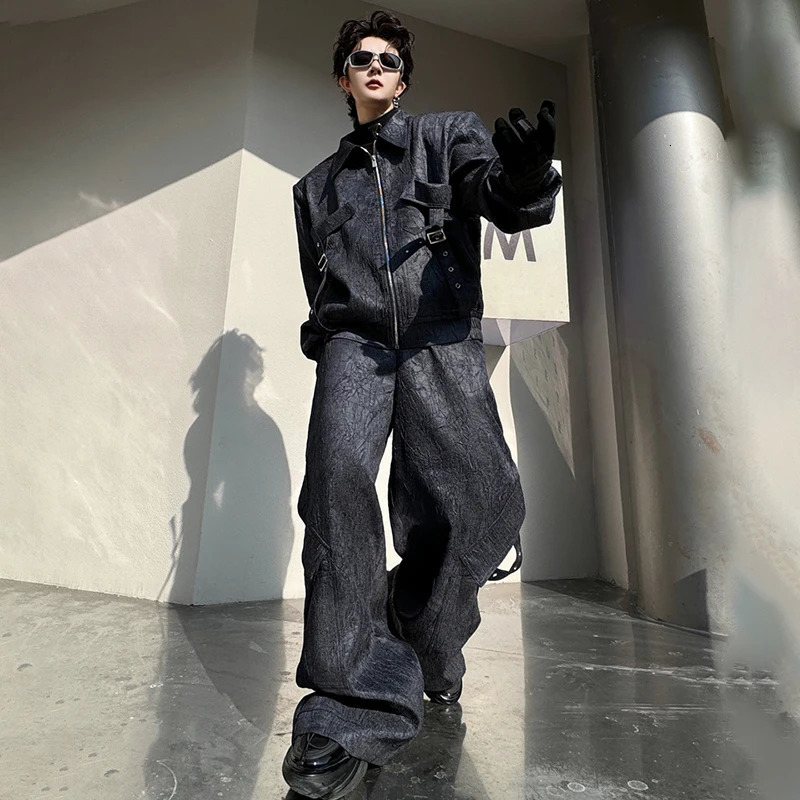 LUZHEN Original er Handsome High Street Multi Pockets Belt Mens Jacket Casual Pants Two-piece Sets LZ6420 250220