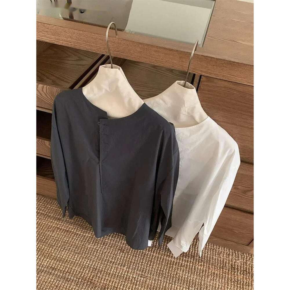 Long Sleeve Blouse Niche Design Spring Summer 2025 Round Neck Loose Fitting Shirt Women Chic Top Grey/White