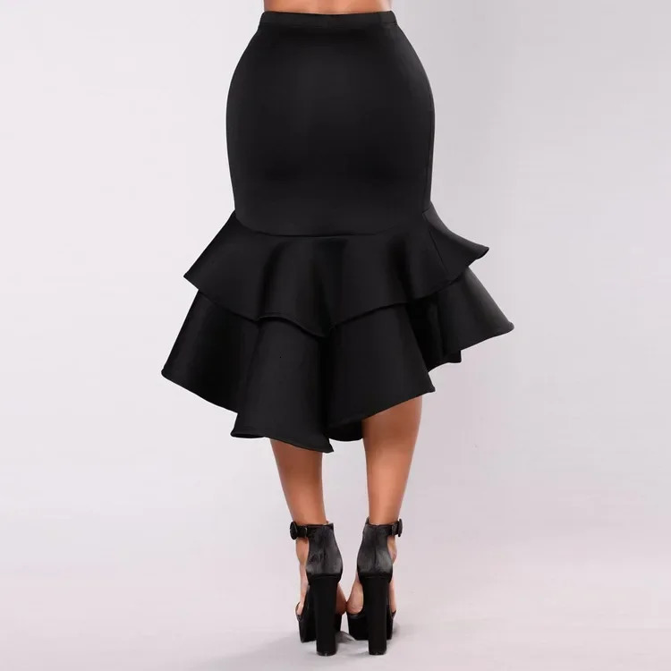 Sexy Fishtail Skirt Black Slim Ladies Spring Fashion Loose Mid Length Irregular Stitching Ruffled Hip Pencil 250220