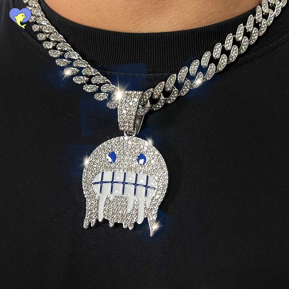 Hip Hop Necklace Exaggerated Frozen Exprion Face Pendant With 12mm Cuban Chain d Out Jewelry For Man WomanXJ250219