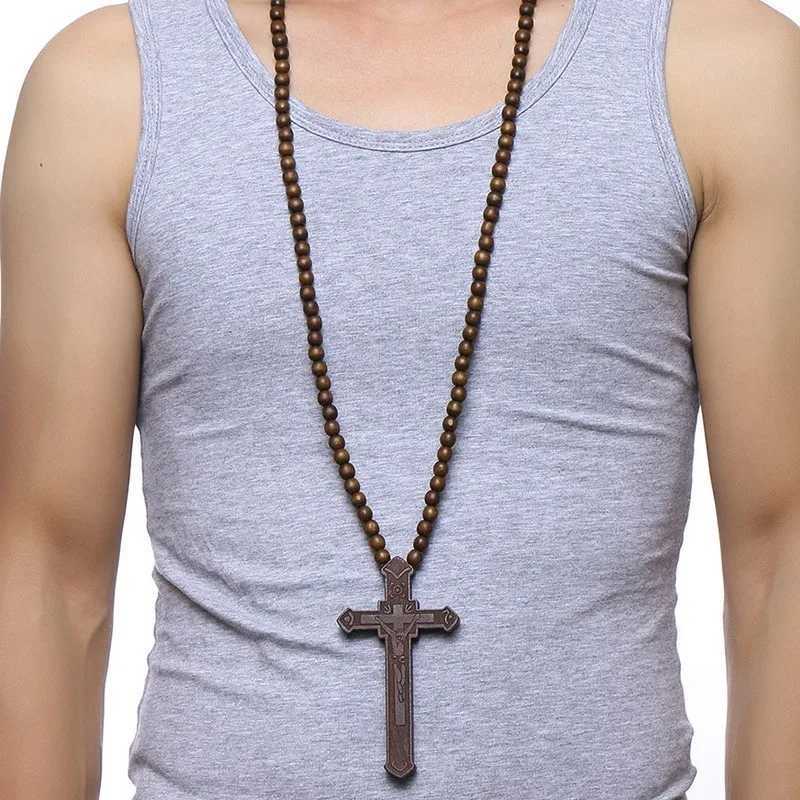 Vnox 36 Long Rosary Necklace Large Wood Jesus Christ Cross Pendant With Wooden Beads Sweater Chain Male Collier Statement JewelXJ250219