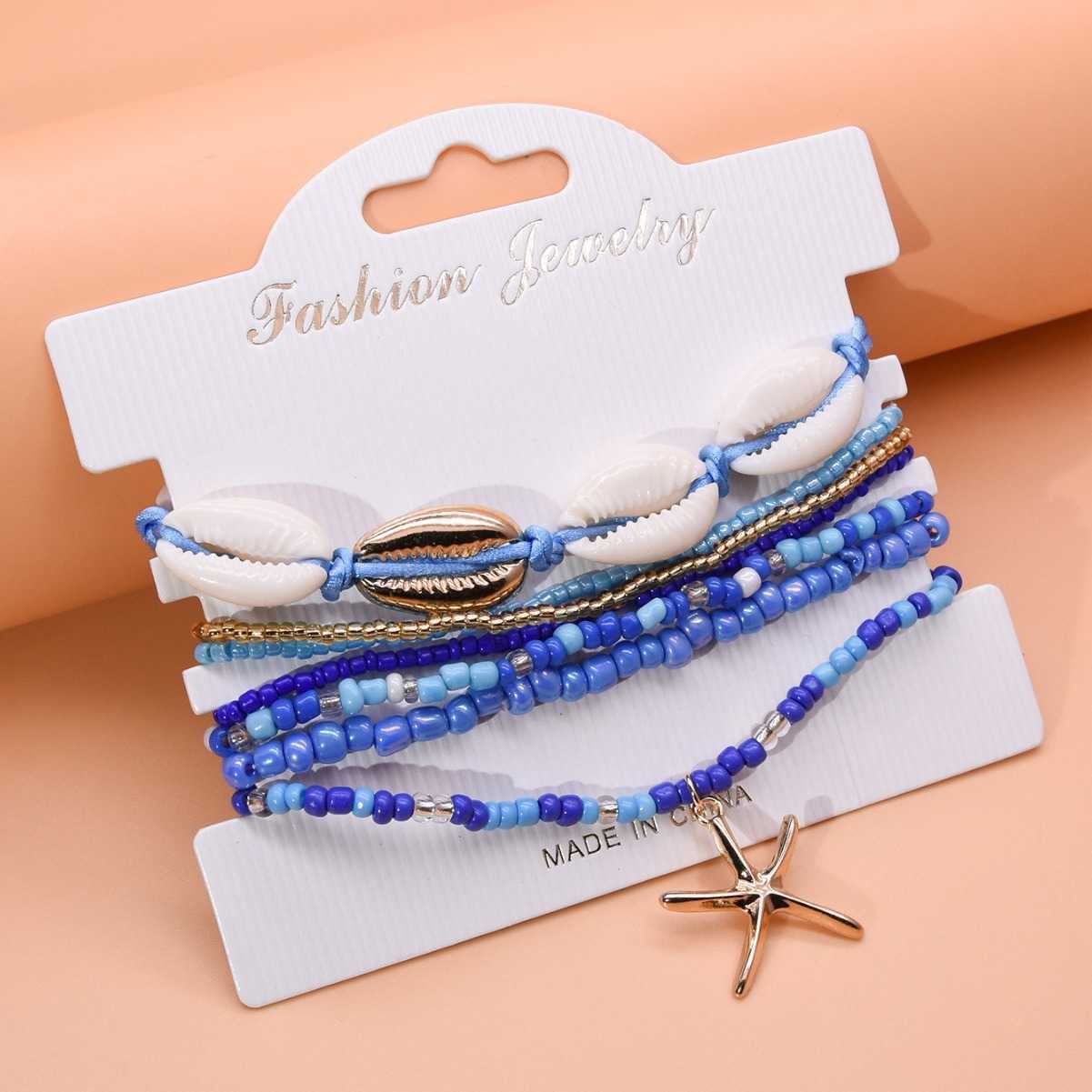 Charm Bracelets Bohemian Beach Style Bracelet Set Summer Dopamine Sea Star Rice Bead Shell Hand Rope Six Piece Set for Women H25220