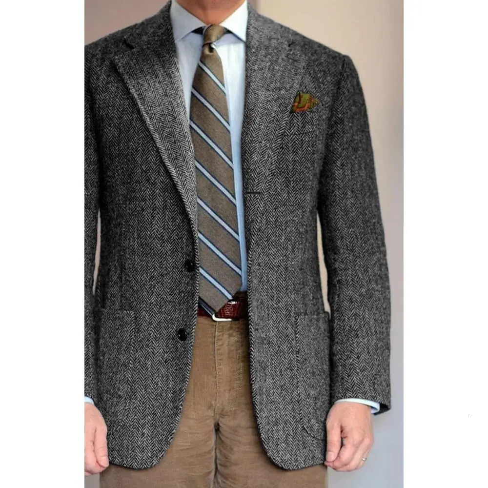 Mens set gray jacket ballroom grooms tailcoat herringbone wool tweed single chest formal business jacket for weddings outerwear only 250220