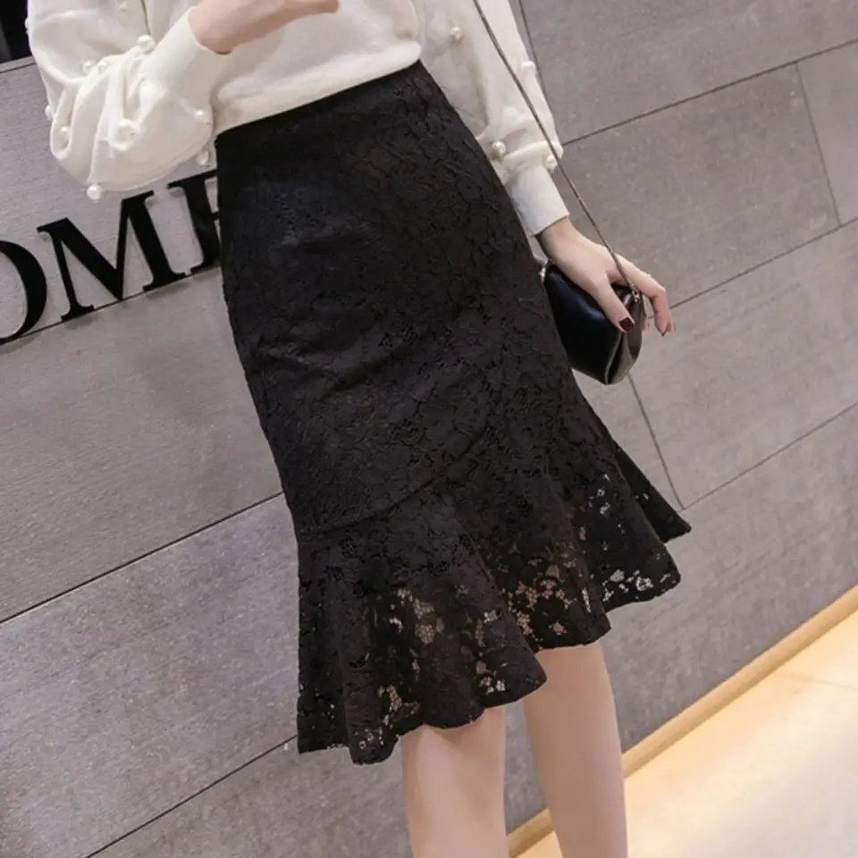 Ladies Temperament Lace Solid Color High Waist Fishtail Skirt Summer Fashionable Zipper Slim Aline Women Clothing Ruffles 250220