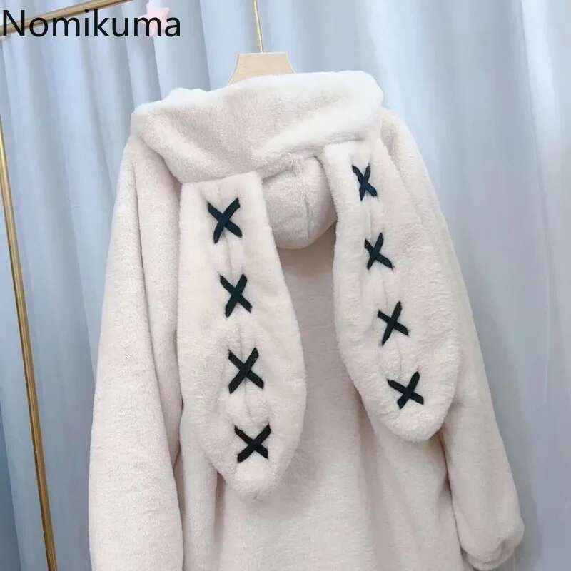 2025 Winter Clothing Women Jackets Haruku Rabbit Ears Punk Black Coats Thicked Furry Zipper Oversized Y2k Tops Ropa Mujer