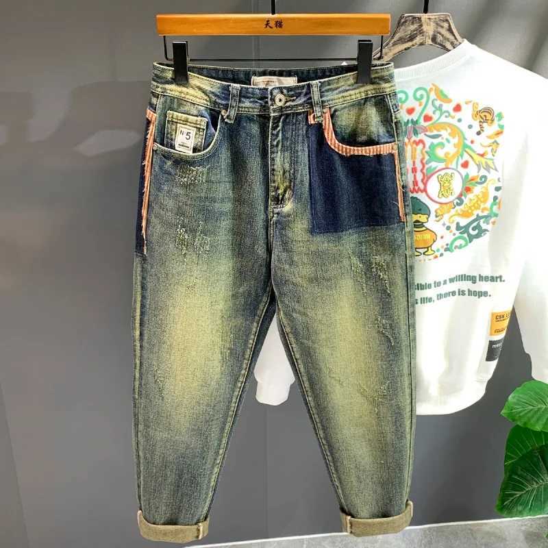 Retro jeans mens loose oversized fashionable patchwork design casual wide leg pants trend dad pants pocket pants X250220