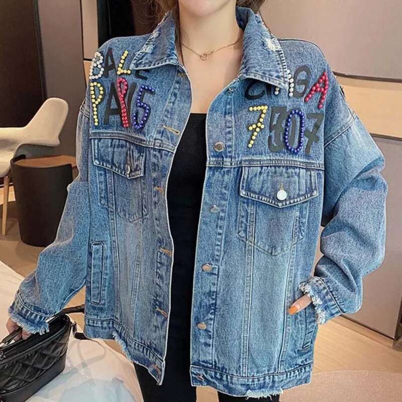 Denim Jacket Women Streetwear Fashion Beading Cartoon Bear Veste En Jean Pocket Lapel Loose Long Sleeve Print Jeans Coat Female