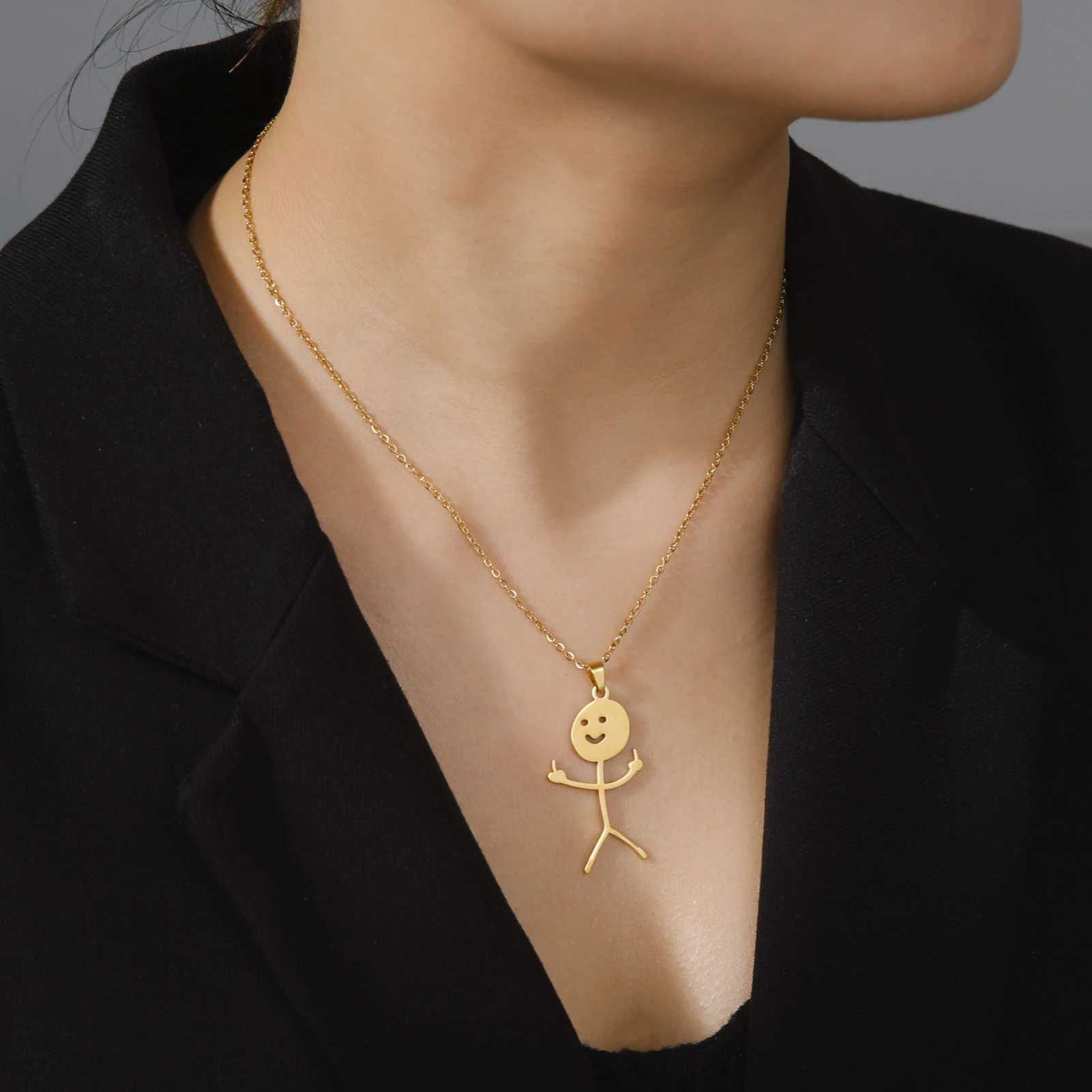 Skyrim Hip Hop Doodle Necklace for Men Women Stainl Steel Long Neck Chain Fashion Middle Finger Stickman Jewelry NewXJ250219