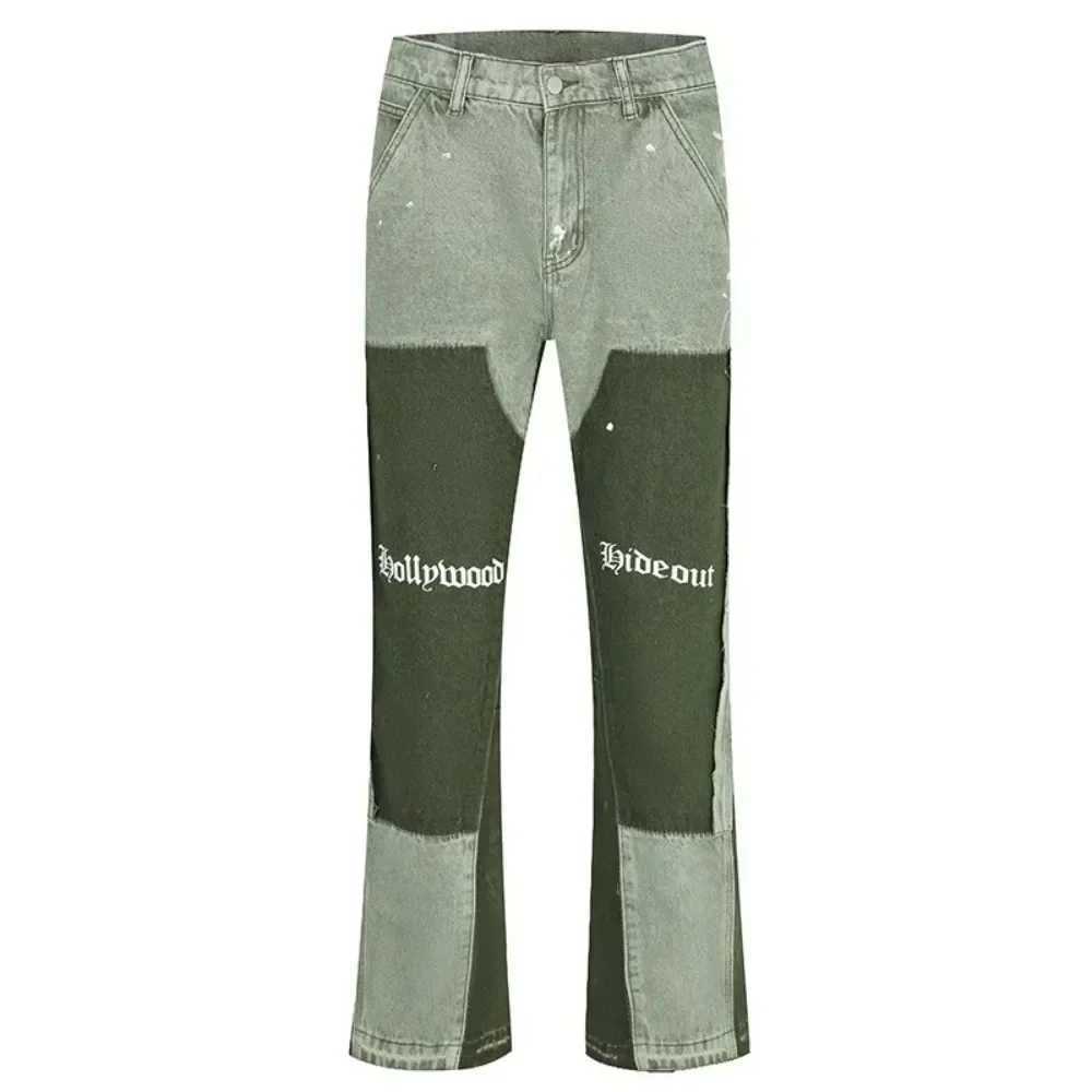 European and American high street mens washed jeans retro personalized straight-leg splicing flared pants trendy denim trousers X250220
