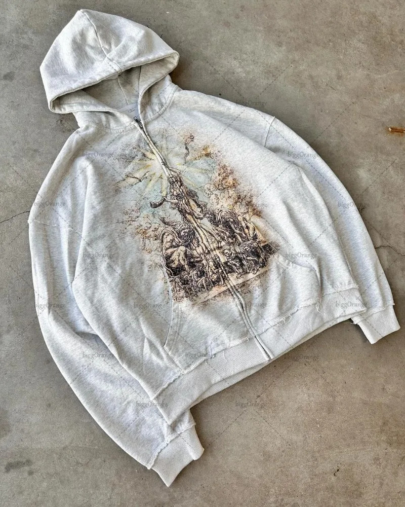 Gothic Punk Style Graphic Zipper Sweatshirt Harajuku Retro Street Cross Print Oversized Sweatshirt Men Trendy Loose Jacket 250214