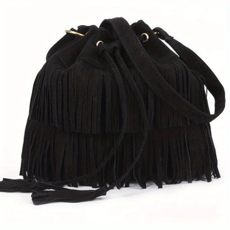 Fashionable soft velvet frosted tassel womens bag with drawstring single shoulder strap bag 250214