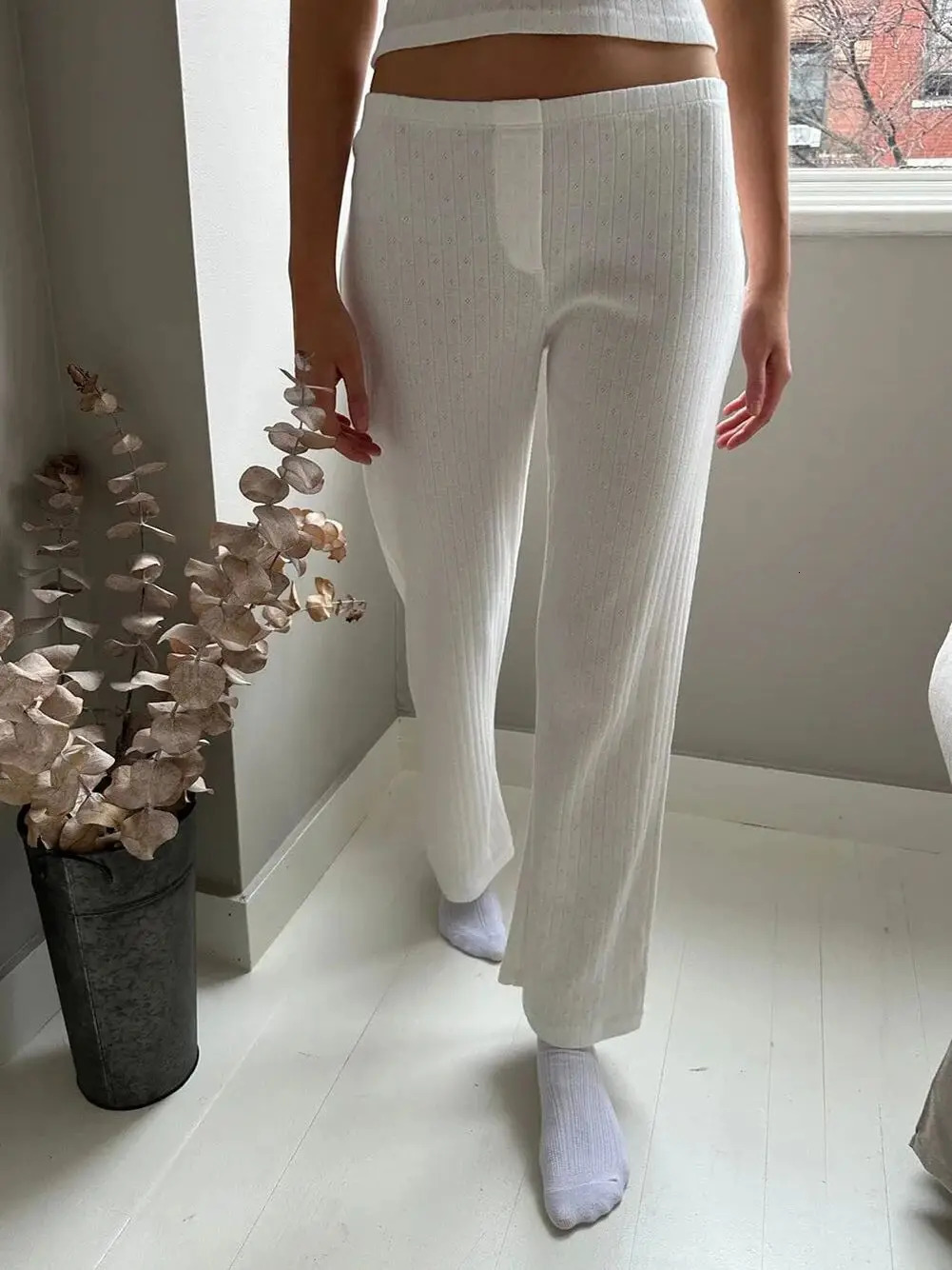 Eyelet White T-shirt Pant Pajama Set Woman Buttons Long Sleeve TeeElastic Waist Straight Trousers Cotton Home 2 Piece Sets Y2k 250219