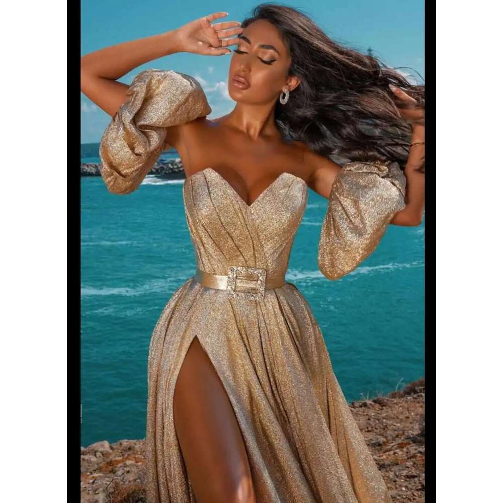 Gold Evening Dresses 2025 Sparkg Glittle Dubai Formal Gowns Sexy Sweetheart Neck High Split Party Prom Dress Arabic
