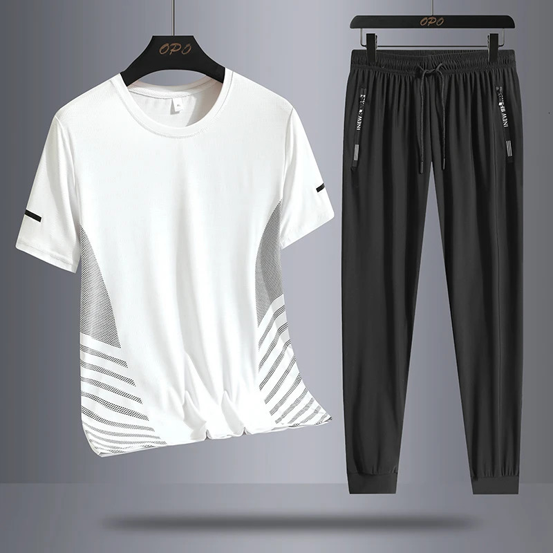 Summer round neck ice silk short sleeved Tshirt and sports pants set quick drying sweat absorption running twopiece 250220