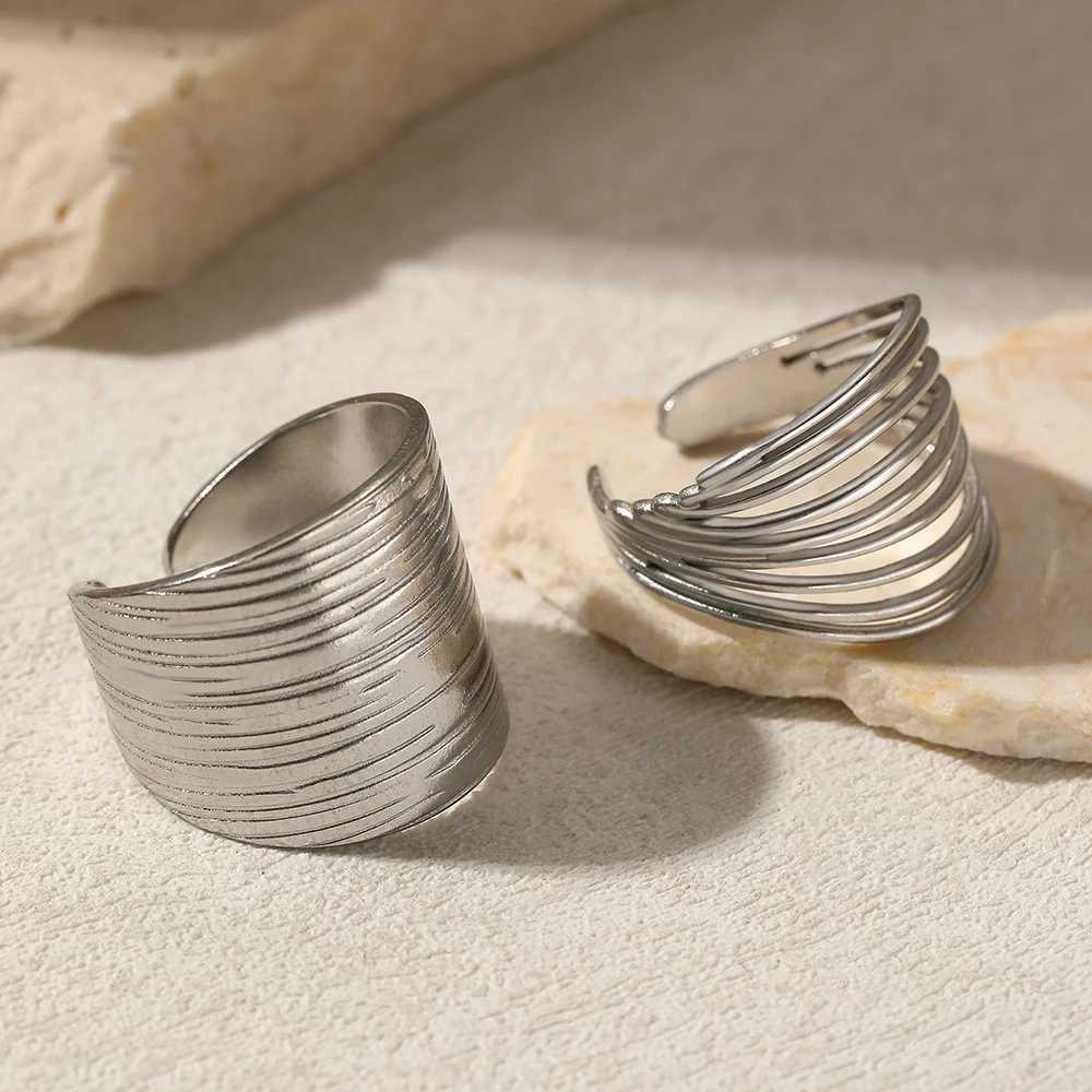 Stainless Steel Rings Minimalist Hollow Line Texture Adjustable Opening Ring For Wen Jewelry Non-fading High-quality Gifts New X250220