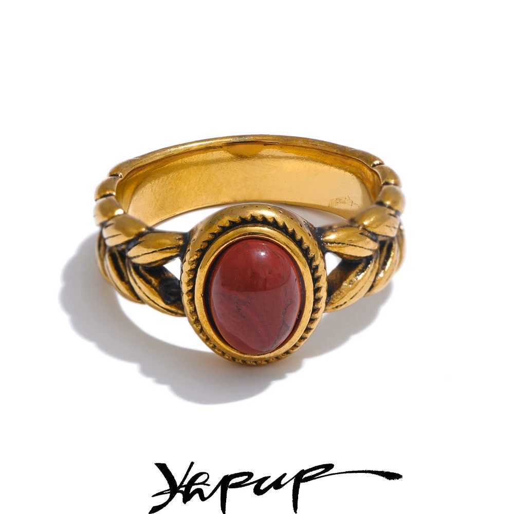 Yellow Retro Stainless Steel Red Gold Color Smearing Black Natural Stone Ring 18K PVD Plated Rust Proof Vintage Finger Jewelry X250220
