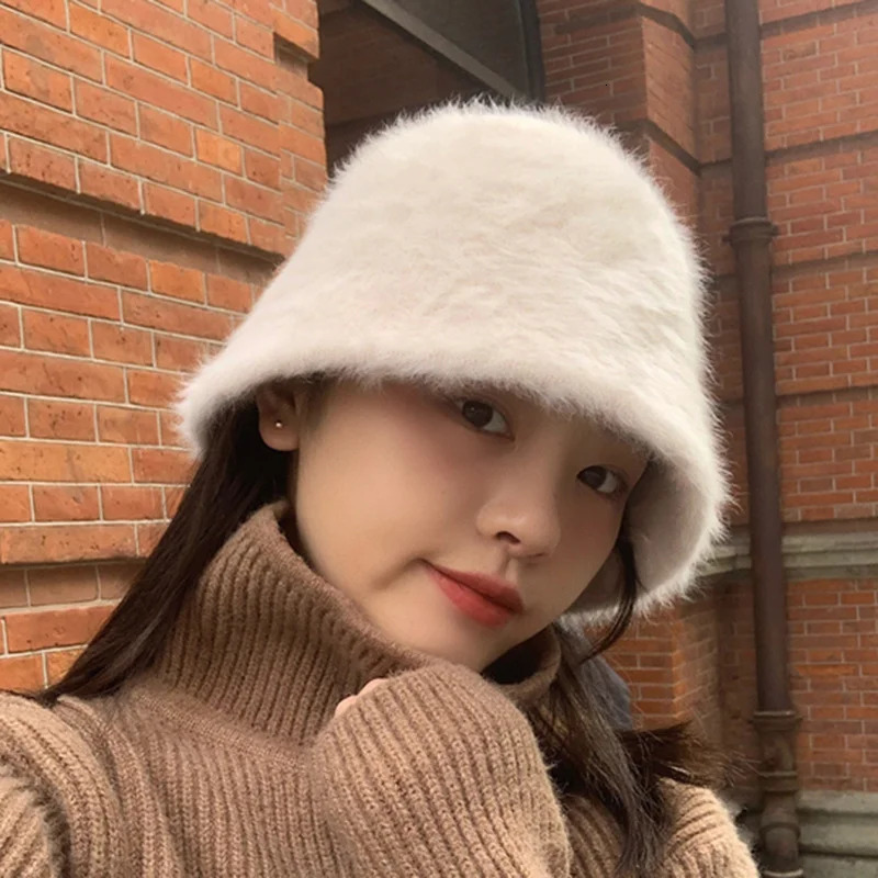 Rabbit Hair Fisherman Hat for Women Autumnwinter Basin Head Round Plush Senior Sense Face Small White Bucket 250210