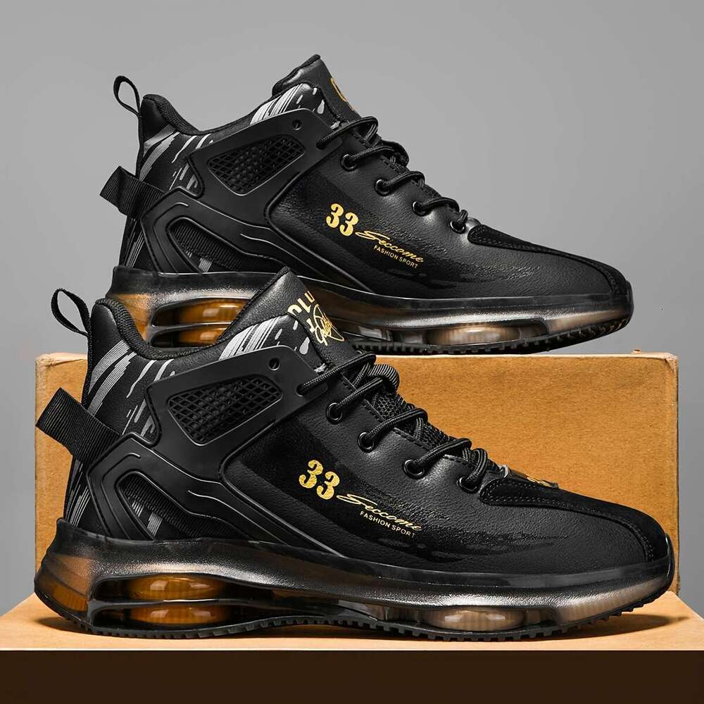 1 pair of fashionable high top sp orts shoes - PU mesh with gold accents, rubber base, comfortable durable, perfect for ca sual outi ngs and lei sure 
