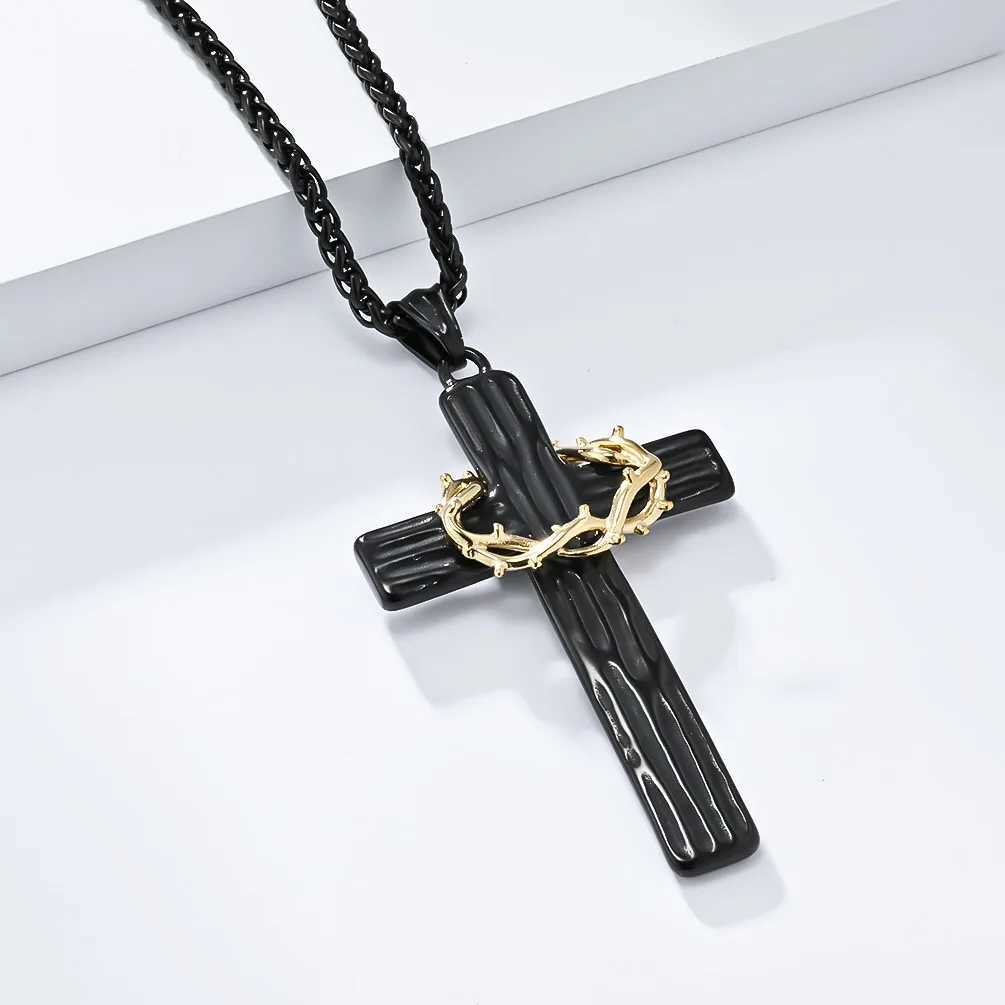Men Jesus Christ Cross Necklace Stainl Steel Pendant Chain Crown of ThornsXJ250219