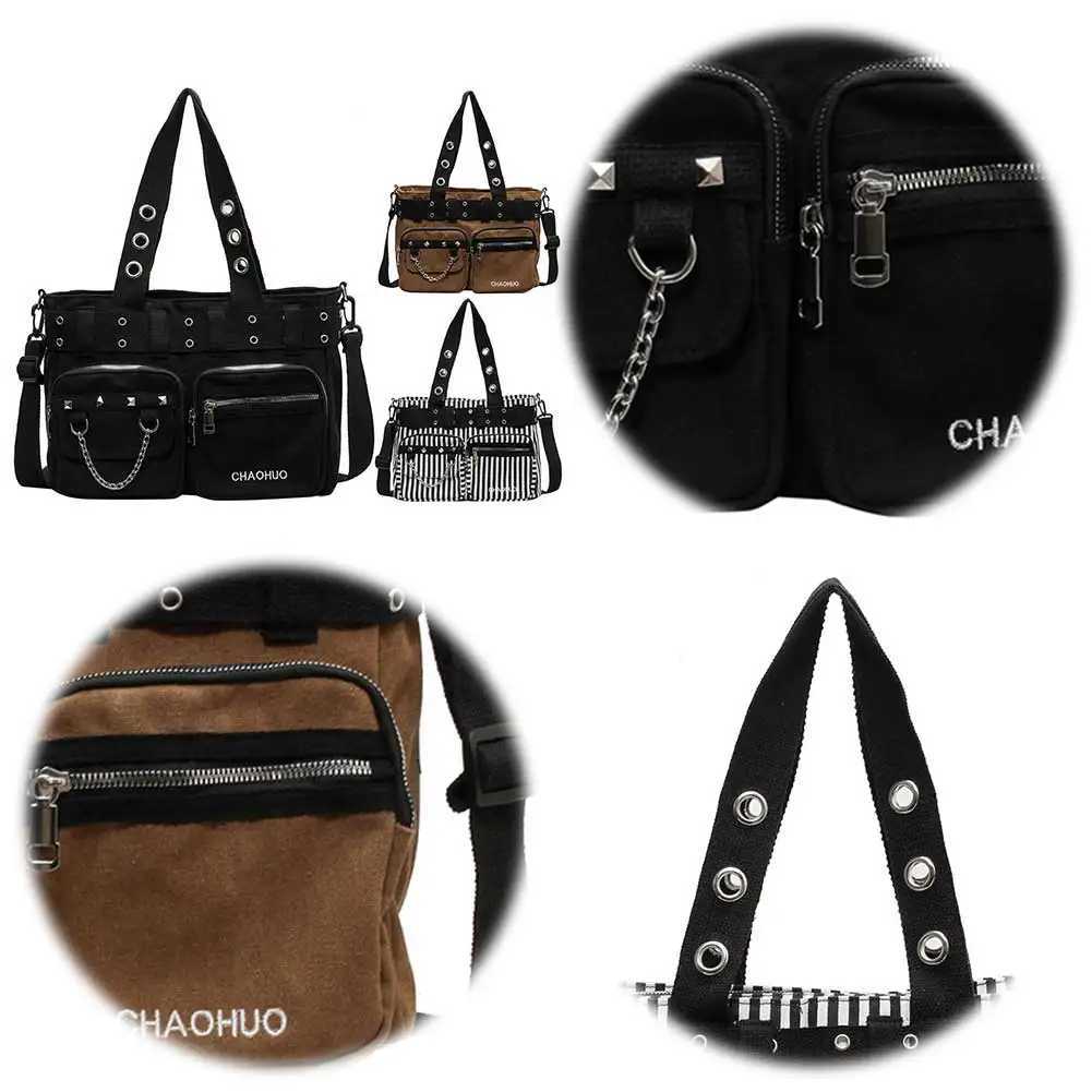 Women Rockabilly Shoulder Bag with Chain Canvas Crossbody Bag Zipper Closure Gothic Satchel Bag Female Outdoor Bag Y250218