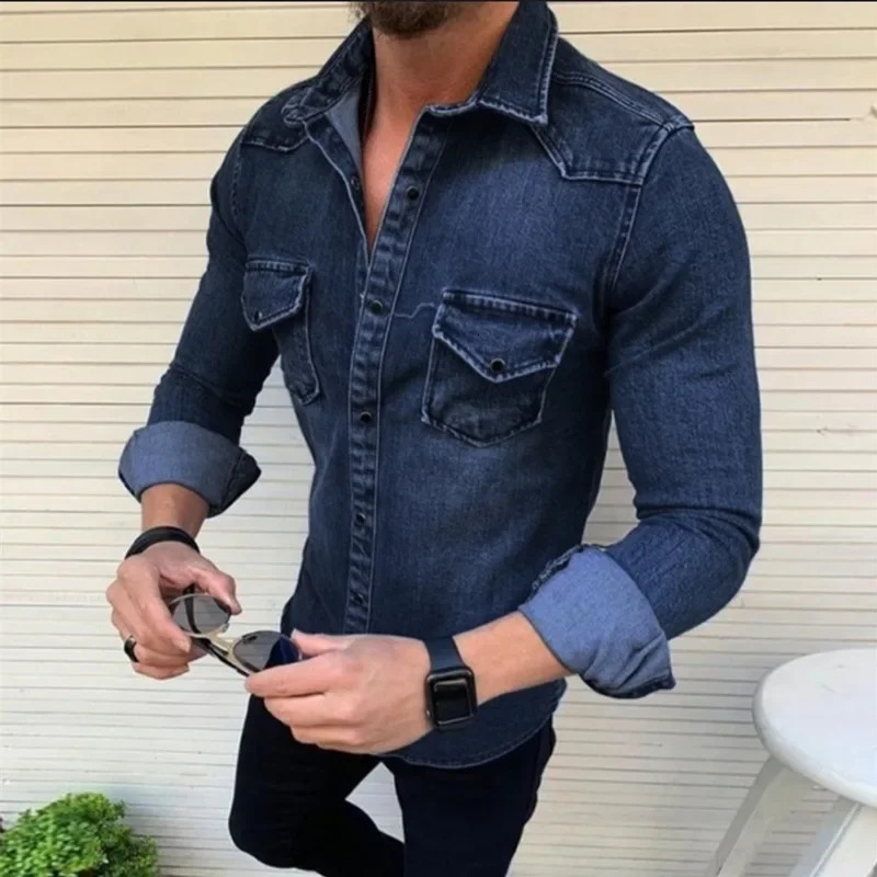 Mens denim jacket slim fit lapel full set solid single chest regular casual autumn and winter 250214Z