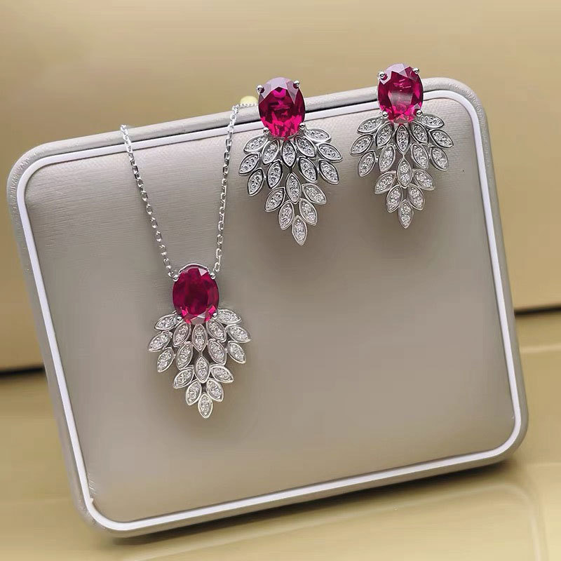Sparkling Elegant Wedding Bride Jewelry Sets Luxury 925 Sterling Silver Oval Cut Ruby Zircon CZ Diamond Gemstones Party Women Earring Women Clavicle N