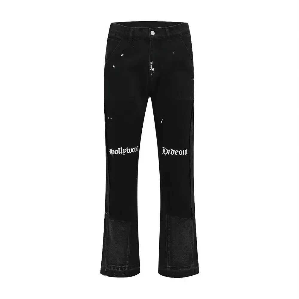 European and American high street mens washed jeans retro personalized straight-leg splicing flared pants trendy denim trousers X250220