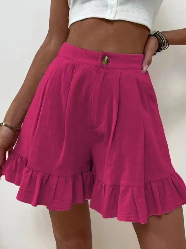 Womens Shorts Loose Cotton Hemp Casual Shorts Button Zipper Solid Color Pocket High Waist Wide Leg Ruffle Edge Shorts 250217