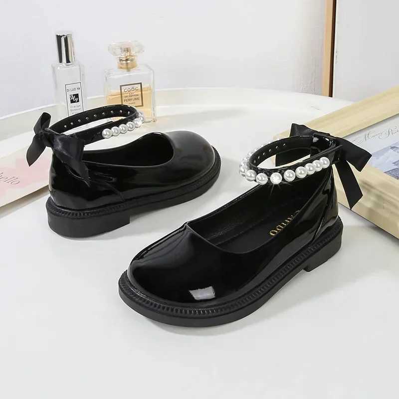 New Autumn Girls Shiny Leather Shoes Childrens Princess Strap Bow Beaded Single Shoes Childrens School Pure Black Mary Jens X250220