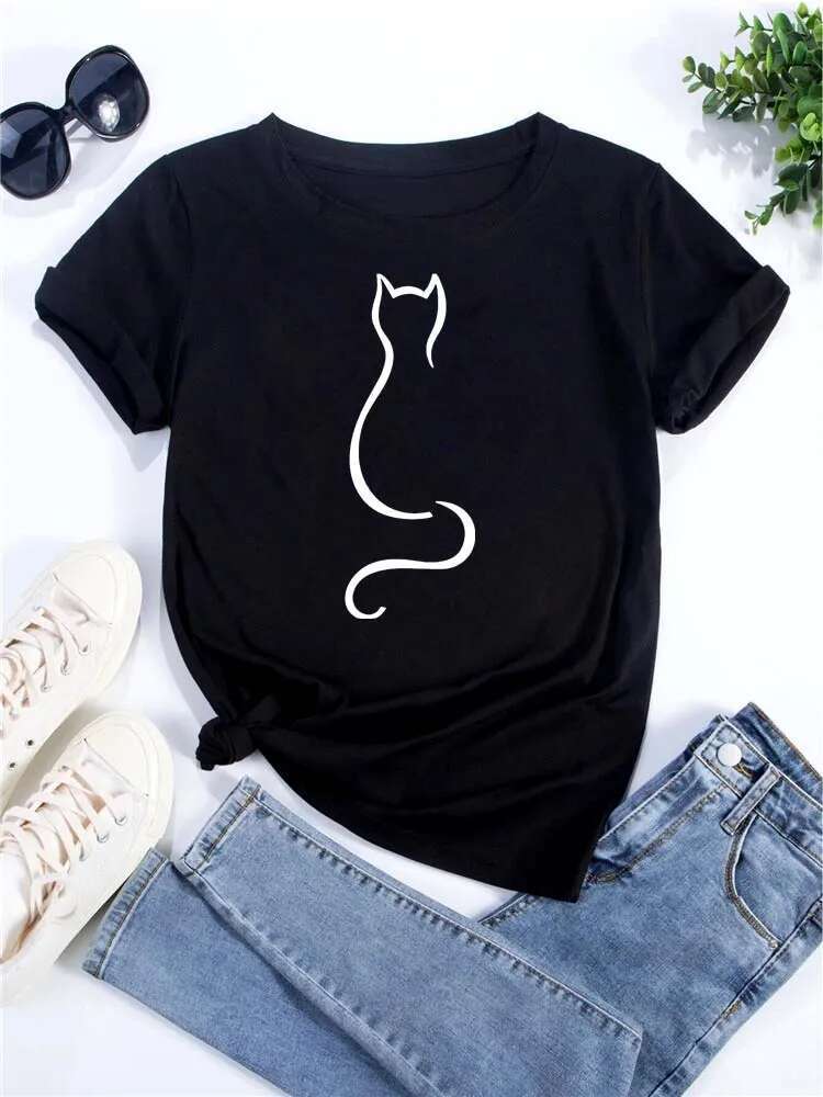Kawaii Cat Printed Casual Designer T Shirt Summer Cute Women's T-shirts Fun Cartoon Tshirt 90s Fashion Korean Tops