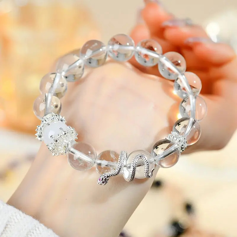 Natural White Crystal White Agate Zodiac Snake Bracelet Large Beads Original Ladies Hand String Good Lucky Mascot Jewelry 250220
