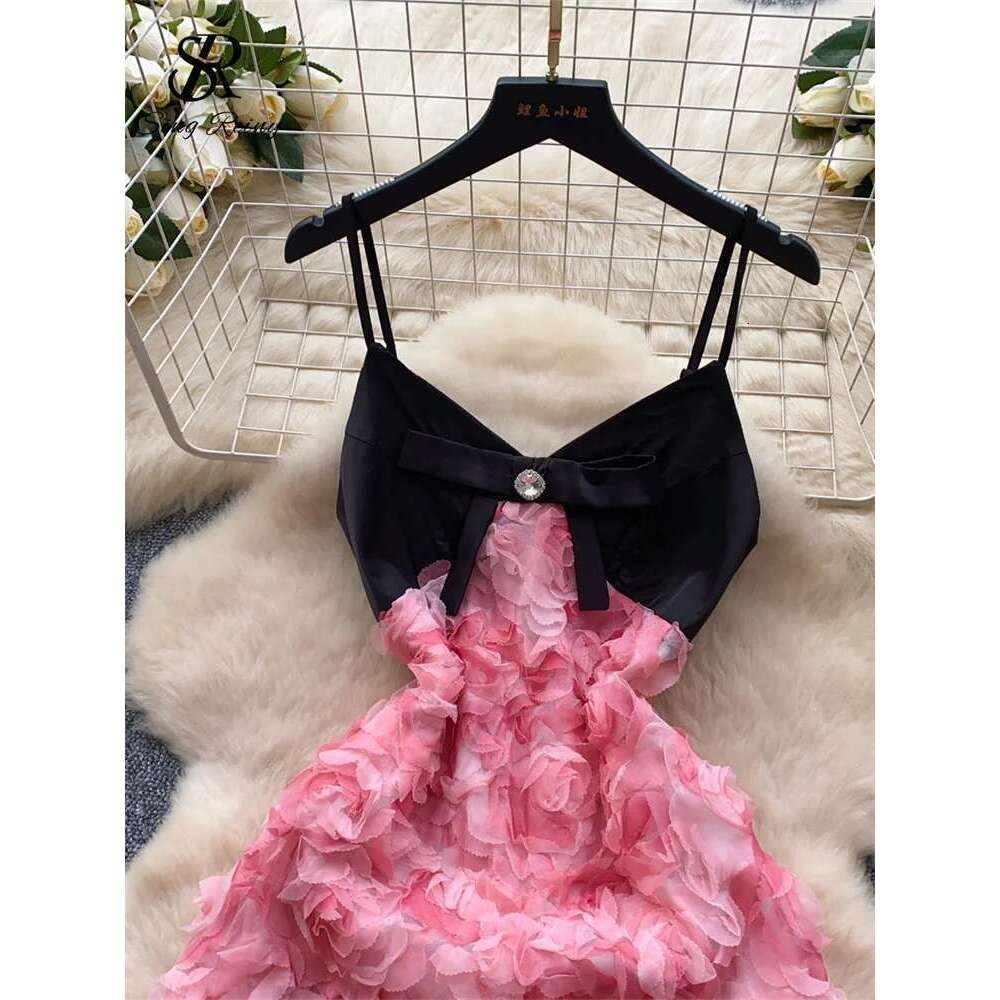 SINGREINY Elegant Evening Party Ladies V Neck Beading Sleeveless Sundress Rose Splice Chic Long Spaghetti Strap Dress