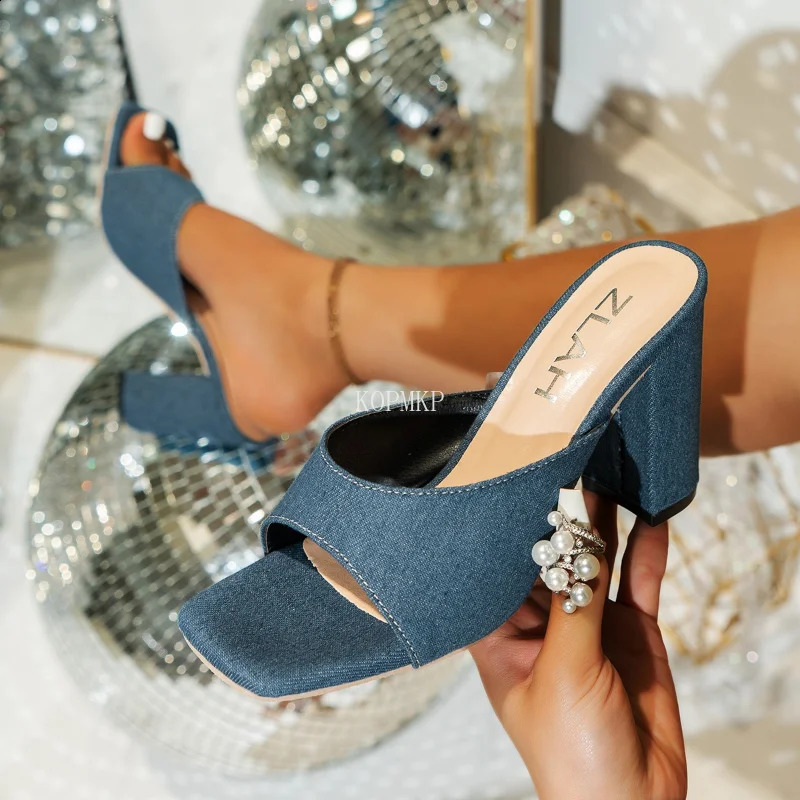 Navy Blue Women Sandals Platform Peep Toe Chunky Square Heels Sandals Stripes Party Fashion Shoes Sandale Femme Ete Luxe 250224