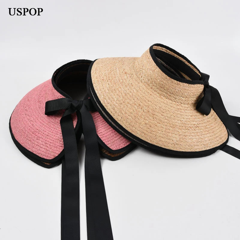 USPOP French Style Women Raffia Straw Sun Hats Summer Wide Brim Lace-up Beach Hats without Crown 250219