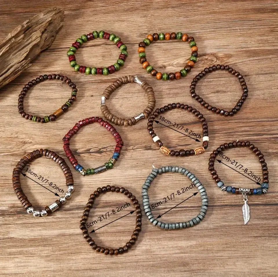 22Piece Set Vintage Style Bohemian Wooden Beaded Bracelets Synthetic Turquoise and Cats Eye Beads Fashionable Stacking Brace 250213
