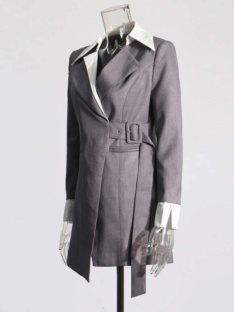 Elegant Casual Spliced Belt Blazer For Women Notched Collar Long Sleeve Patchwork Pocket Colorblock Blazers Female