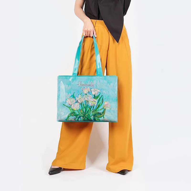 Womens Floral Printed PVC Shopping Purse Big Summer Eco Tote Beach Handbags Large Casual Student Bookbag Z250219