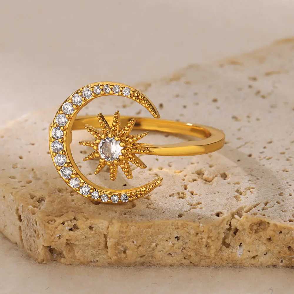 Dainty Zircon Stars Crescent Moon Rings for Wen Stainless Steel Gold Color Geetric Wedding Ring Aesthetic Wedding Jewelry X250220