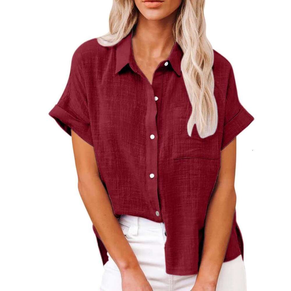 Women Pure Color En Shirt Short Sleeve Casual Loose Fit Blouse Fresh Sweet Style Polyester Fabric Available In Multiple Sizes